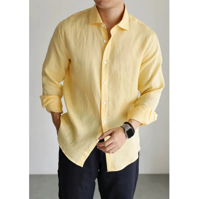 Men's Linen Shirt Cotton Blend Long Sleeve Button Down | SAMAG