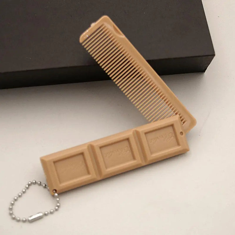 2 in 1 Portable Folding Comb Chocolate-Shaped Mini Compact Hair Comb with Mirror Creative Travel Hair Smooth Styling Tool