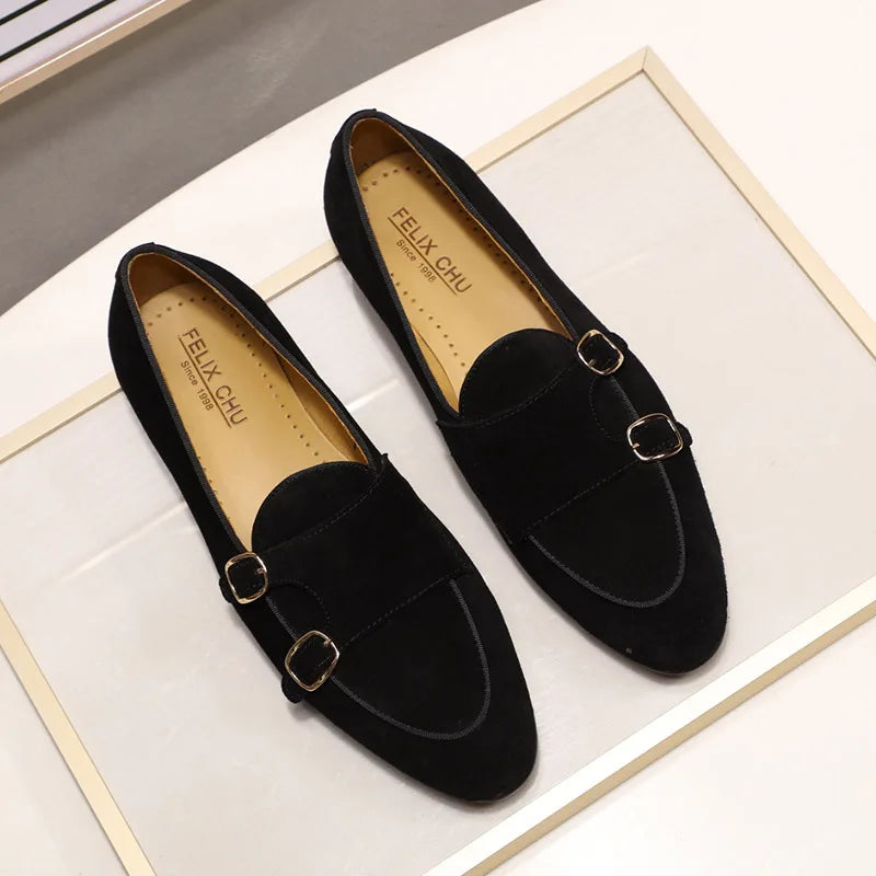 Fashion Design Suede Leather Mens Loafers Black Brown Green Casual Dress Shoes for Wedding Party Monk Strap Men Shoes Size 38-47
