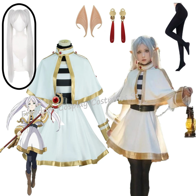 Sousou No Frieren Cosplay Costume Wig  Anime Figures Magician Dress Elf Ear Accessory Halloween Party  for Women Adults kids