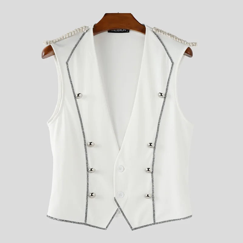 INCERUN Men Vests Patchwork Shiny V Neck Sleeveless Button Casual Male Waistcoats Streetwear 2025 Fashion Leisure Vests S-5XL