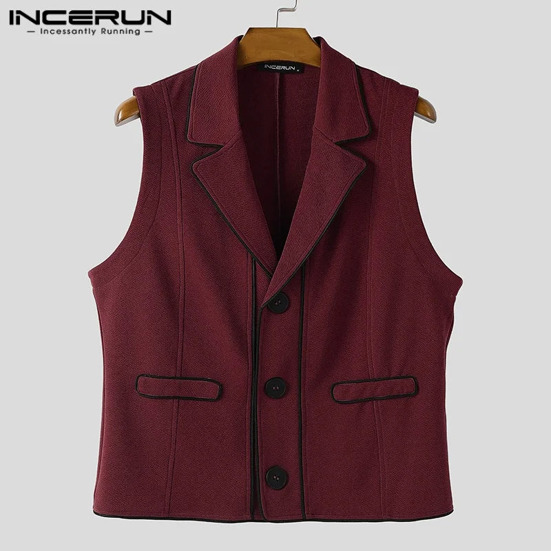 INCERUN Men Vests Patchwork Lapel Sleeveless Button Casual Male Waistcoats Color-block Streetwear 2025 Fashion Vests Men S-5XL