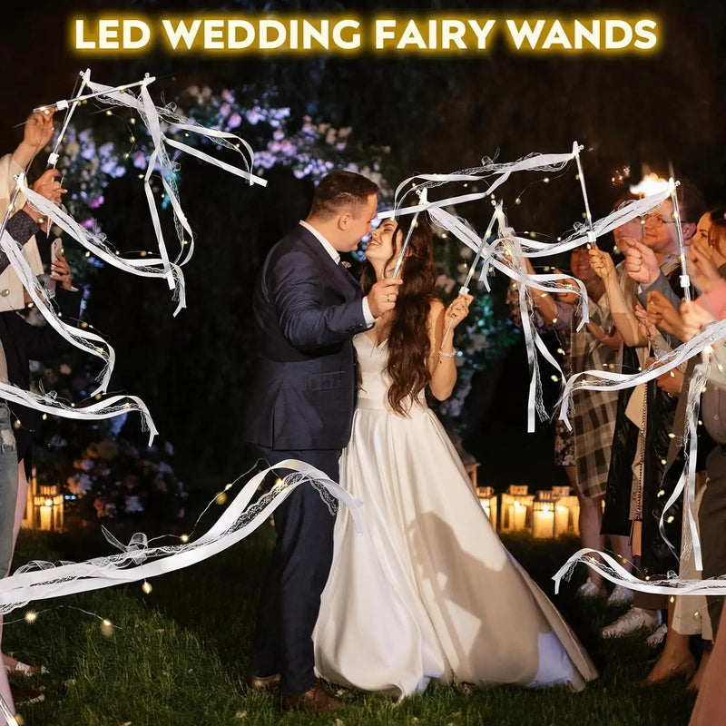 12-60Pcs Light Up Wedding Sparklers LED Wedding Wands Streamers Silk Fairy Wands with Bells  for Wedding Birthday Party Supplies