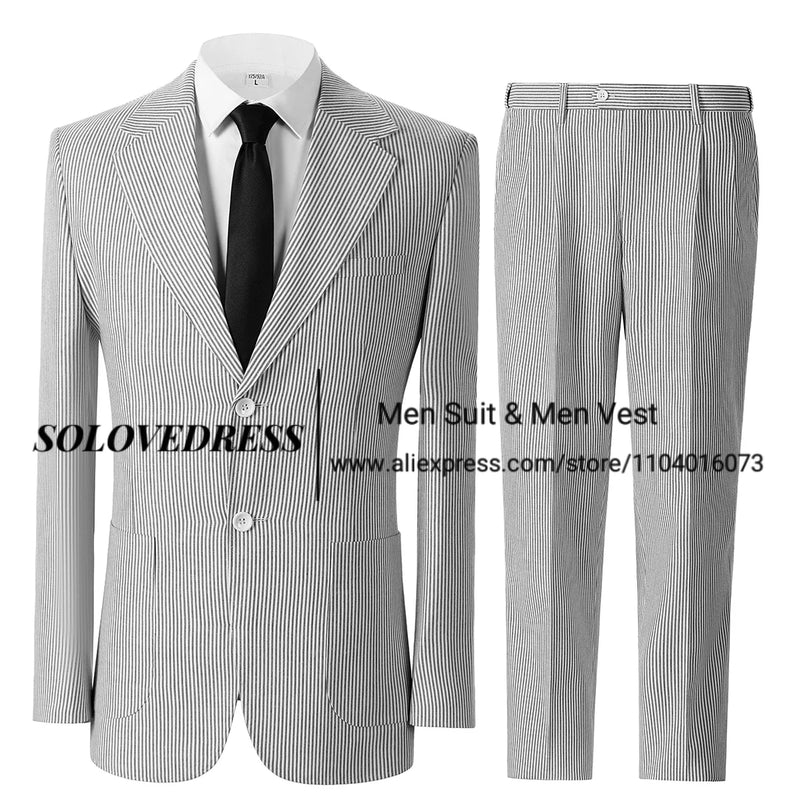 Men's Seersucker Striped Suits 2 Piece Slim Fit Summer Casual Pinstripe Suit for Men Wedding Grooms Blazer Jacket Pants Sets