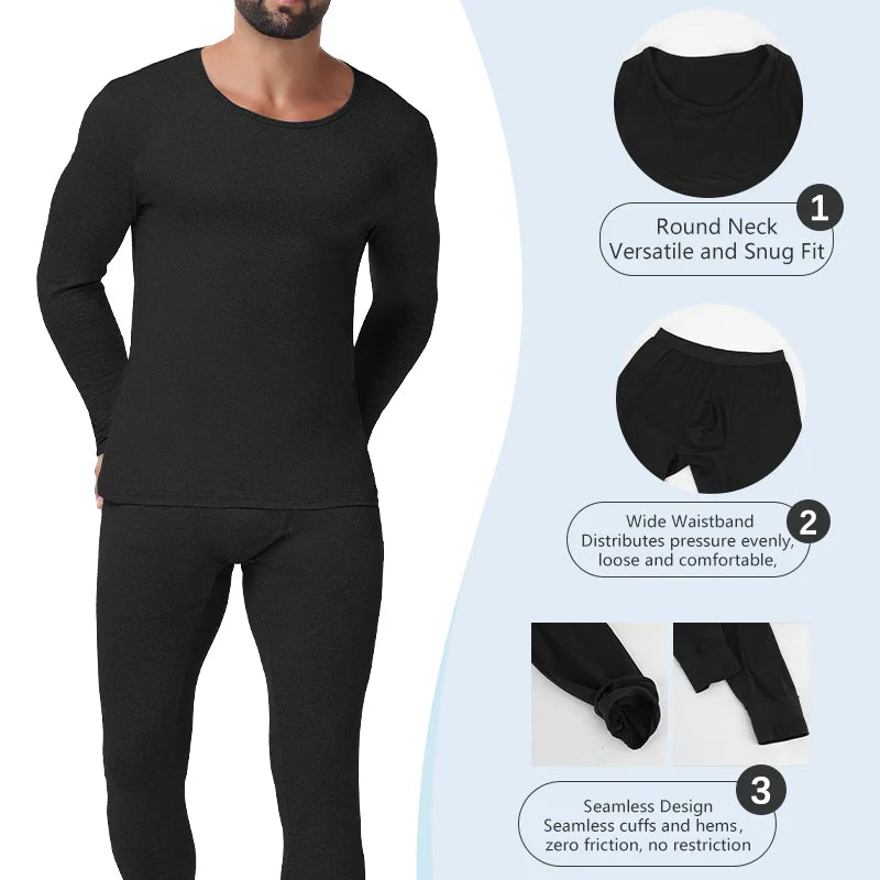 Slimbelle Men's Long Johns Set Winter Thermo Underwear Set Compression Long Sleeve Top Soft Breathable Round Neck Underwear
