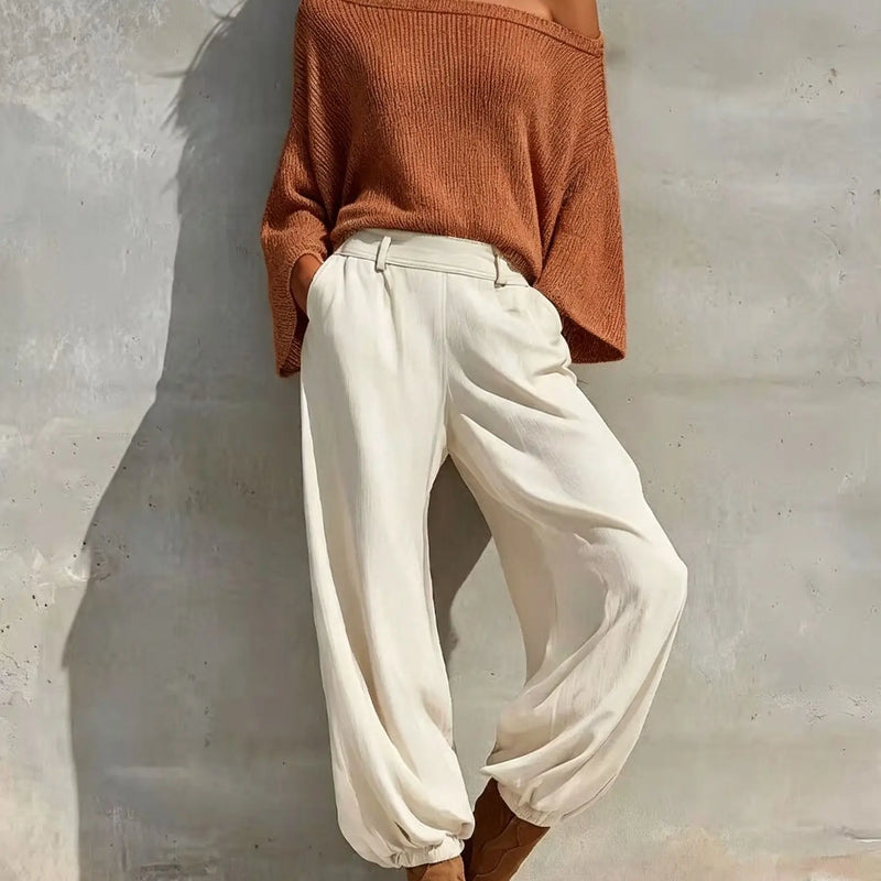 Fashionable Off-shoulder Top And Casual Trousers Two-piece Suit 2026 Autumn And Winter New Solid Color Slope Collar Women's Suit