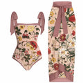Fashion Women Cover Swimsuit Retro Print Gorgeous One-Piece Suit with Swimwear Beach Casual Swimwear Skirt That Wraps Hips