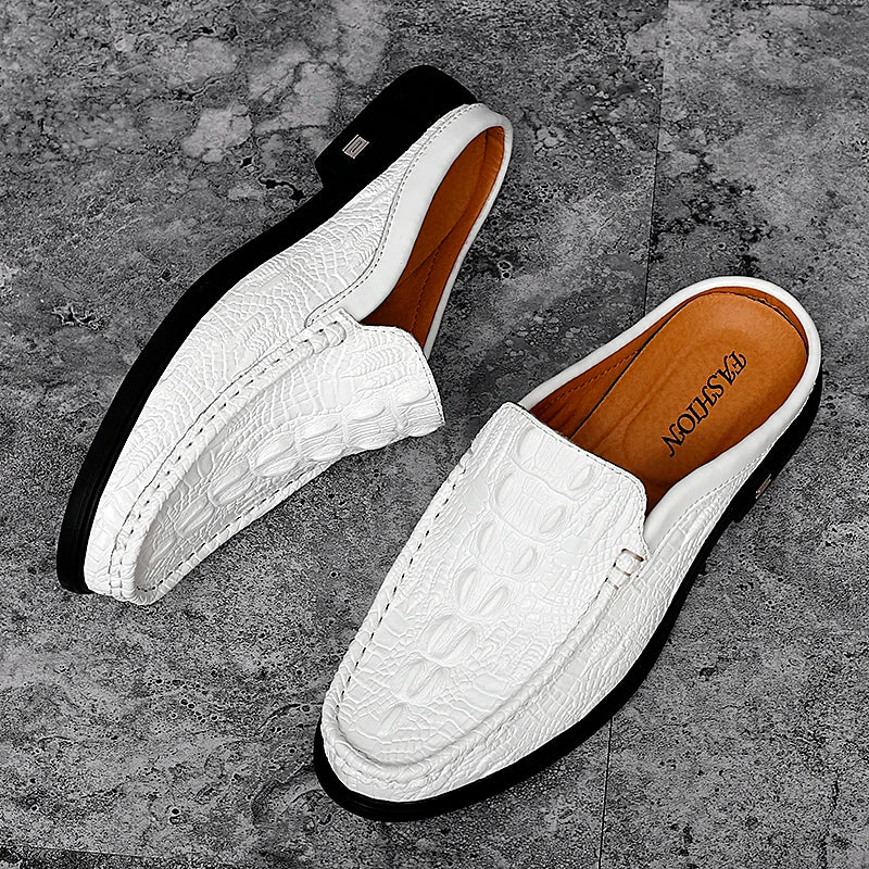 Summer Classic Half Shoes men Genuine Leather Crocodile pattern man Half Slippers Casual Outdoor Mules Non-slip Moccasins hombre
