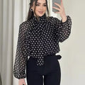 Women Polka Dot Print Blouse Casual High Collar Long - View 2 | SAMAG
