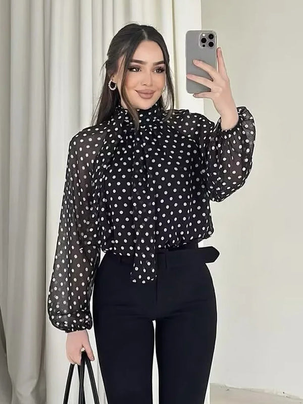 Women Polka Dot Print Blouse Casual High Collar Long - View 2 | SAMAG
