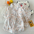 Cartoon Hello Kitty Summer Cardigan Lapel Women's Pajama Set Cloud Cotton Cute Printed Casual Loungewear Three-piece Set