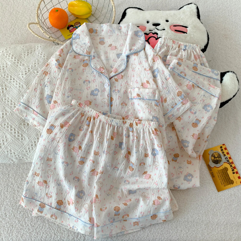 Cartoon Hello Kitty Summer Cardigan Lapel Women's Pajama Set Cloud Cotton Cute Printed Casual Loungewear Three-piece Set