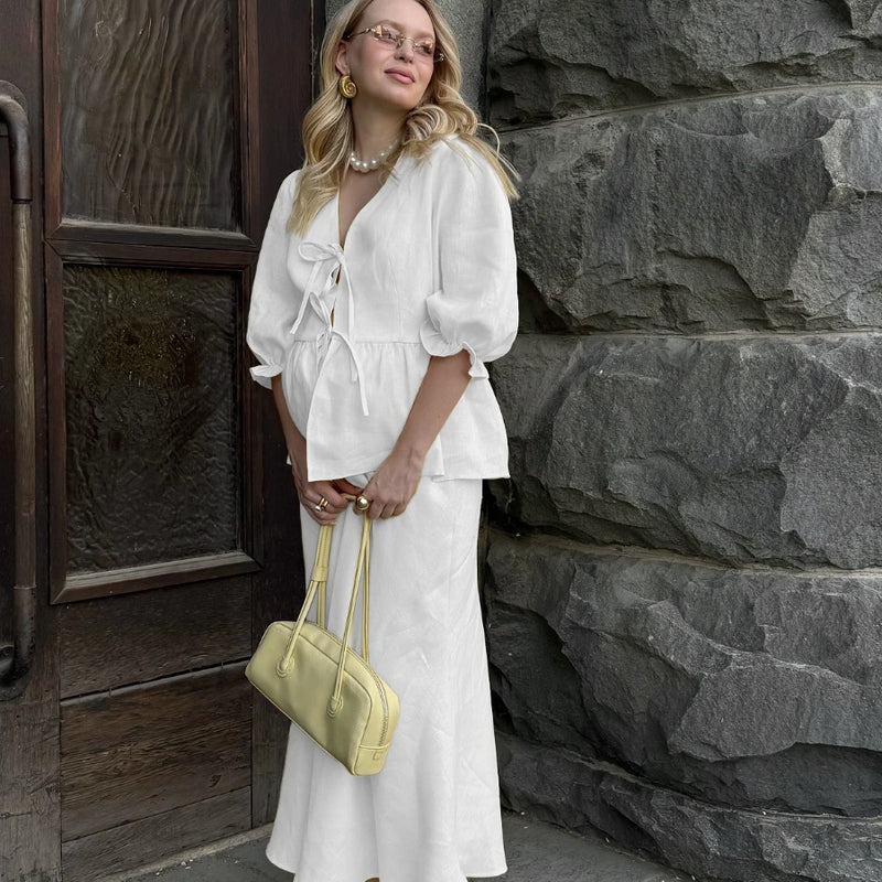 Summer Women's V-Neck Lace-Up Bubble Puff Sleeve Shirt  Long Skirt Set Loose Casual 2 Two-Piece Suit Sets