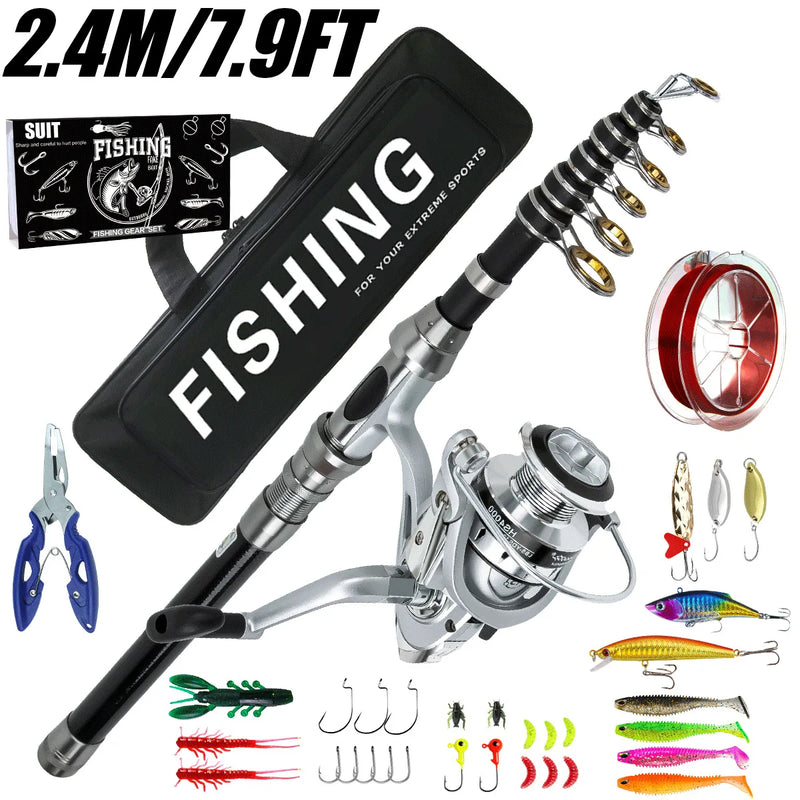 Telescopic Fishing Rod Spinning Reel Combo Full Set Portable Carry Bag Simulation Lures Hooks Line Plier For Saltwater Freshwate