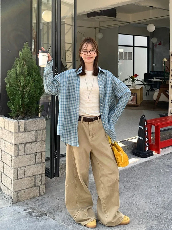 Korean Fashion Blue Plaid Blouse Women Single Breasted - View 2 | SAMAG