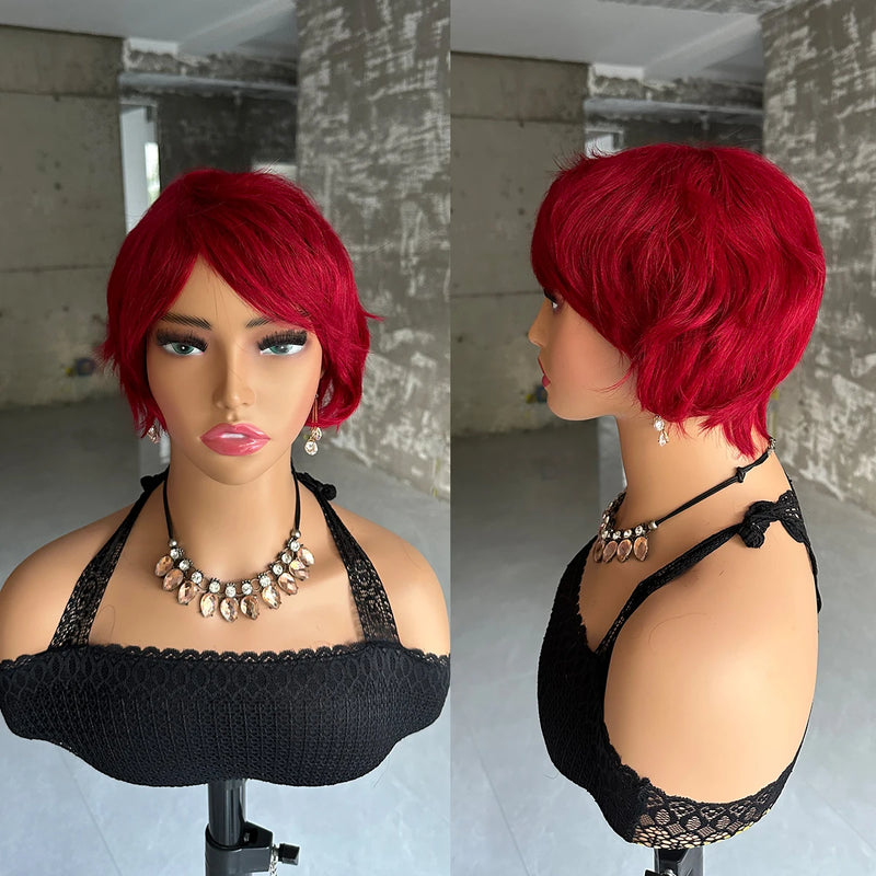 Straight Short Pixie Cut Wigs With Bangs For Women Ombre Brown Red Brazilian Human Hair Wigs Full Machine Made Wigs