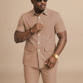 Navy Blue Striped Men Suits Chic Stand Collar Short Sleeves Wear Single Breasted Office Business Casual Male Suit 2 Piece
