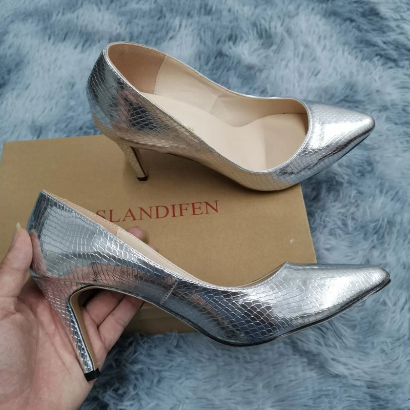 Women Shoes Fashion 8cm Sexy Crocodile Pattern Pointed Toe High Heels Pumps Office Med Heels Gold Silver Wedding Shoes Plus Size