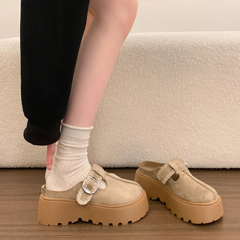 New Summer Women Faux Suede Leopard Print Buckle Strap Chunky Platform Mules Sandals Clogs Round Toe Casual Slippers Shoes Women