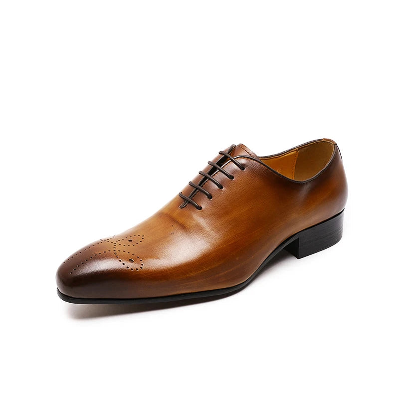 Mens Oxford Genuine Leather Shoes Whole Cut Fashion Pointed Toe Lace-up Formal Business Wedding Dress Shoes for Men