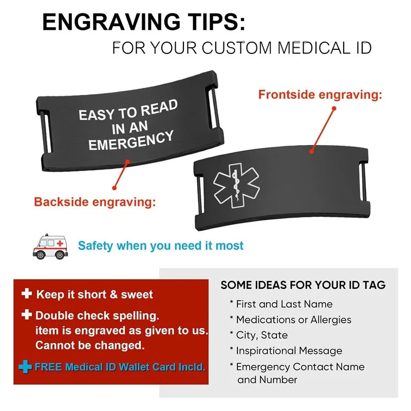 Personalized Medical Alert Bracelet for Men Customized Elastic Strap Stainless Steel ID Engraved Medic - Visuel 4 | SAMAG