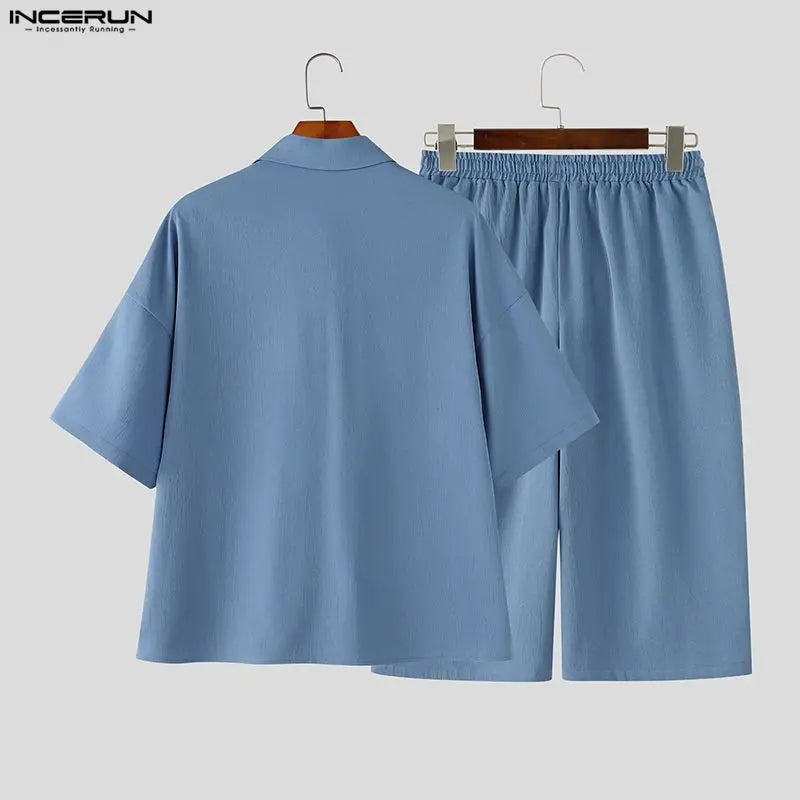 INCERUN Men's Sets Solid Lapel Short Sleeve Shirt Pants | SAMAG