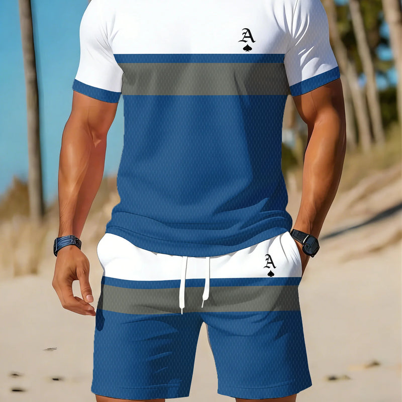 Casual Holiday Beach Men's T - shirt And Shorts 2 Pieces Sets Summer Suit Clothing Stripe Print Sleeve Tee - View 5 | SAMAG