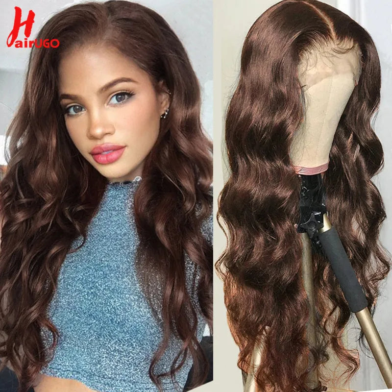 HairUGo 4# Brown Body Wave Lace Closure Human Hair Wigs T Lace Part Wigs Peruvian Hair Chocolate 4x4 Lace Closure Wigs For Women