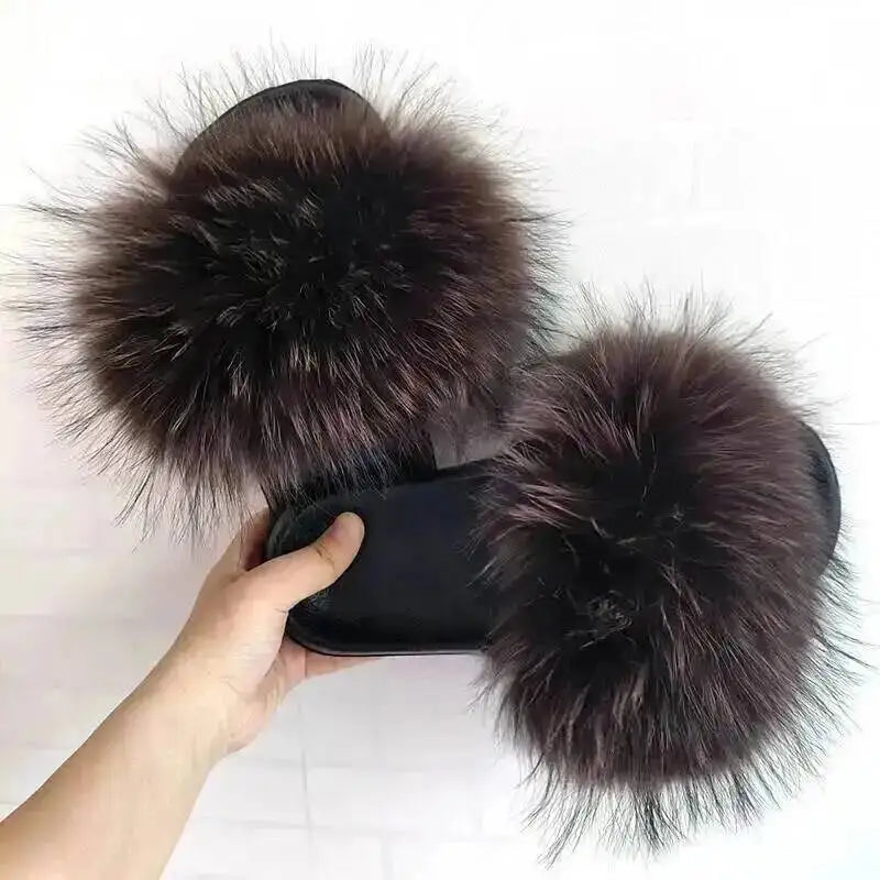 Women Real Raccoon Fur Slides Fluffy Luxury Furry Open Toe Slippers Indoor Outdoor Summer Sandals Non Slip Soft Comfy Sole Cozy