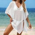Pure Color V-Neck Side Slit Tie Up Knitted Top, Casual Loose Fit Hollow Out Beach Cover-Up, Vacation Style Plain Beachwear