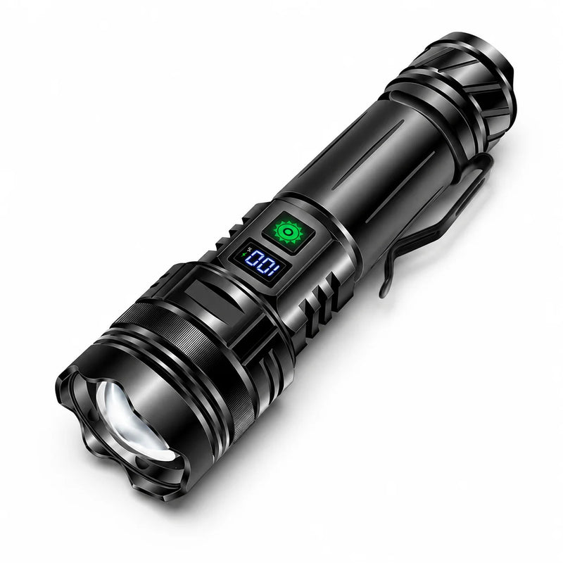Rechargeable LED Flashlight with 3 Modes, Adjustable Zoom, Waterproof Body and Power Display