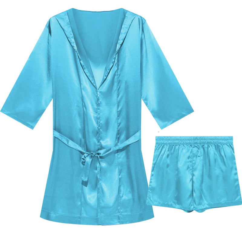 Mens Hooded Bathrobe Shorts Set Pajamas Night Robe Dress Gown Male Silk Satin Nightgown Kimono Bathrobe Sleepwear House Robe Men