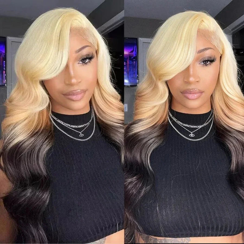 Red Black With Blonde Highlight 13X6 Lace Front Wig Body Wave Synthetic Glueless pre plucked With Baby Hair Lace Frontal Hair