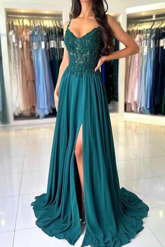 Green Chiffon Evening Dress Women Elegant Applique | SAMAG