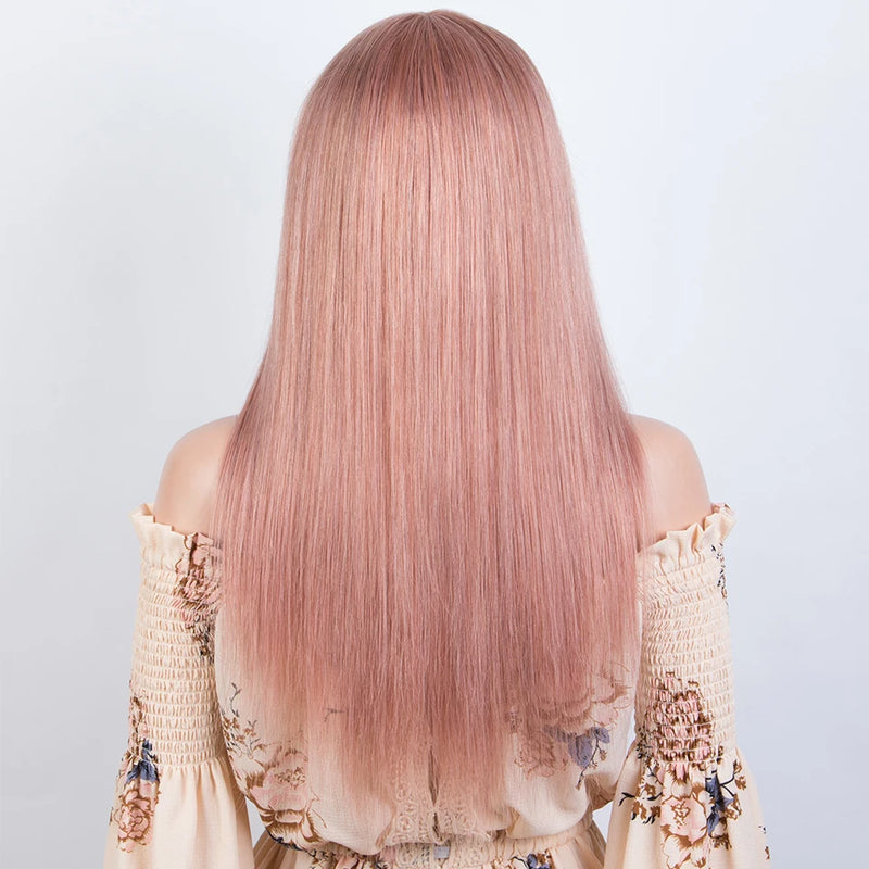 Lekker Rose Pink Bone Straight 100% Human Hair Wigs With Bangs For Women Brazilian Remy Hair Glueless Colored Long Wigs