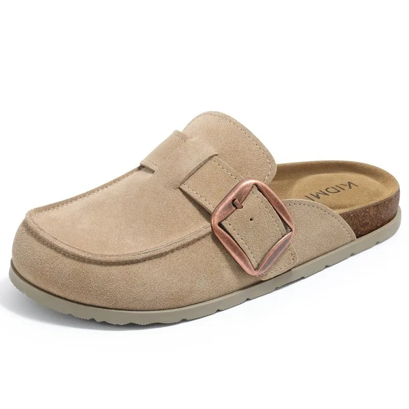 Crestar Women's Genuine Suede Clogs Outdoor Memory Foam Cork Footbed Leather Mules With Adjustable Buckle Lady Slip On Slippers