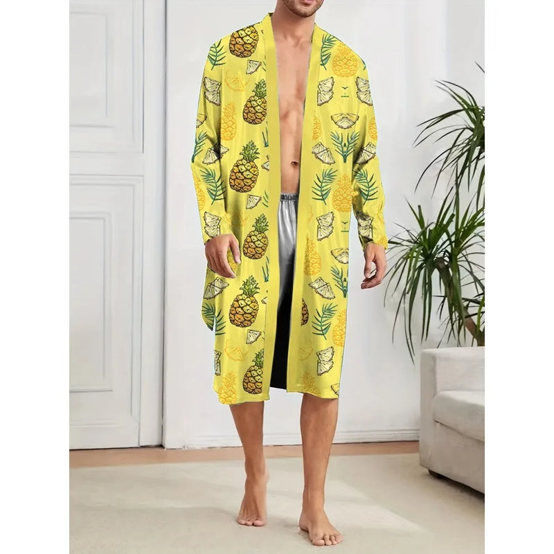 men's Robes 2025 printed pineapple poker pajamas suitable for family couple thin design light  luxurious pajamas long Nightgown