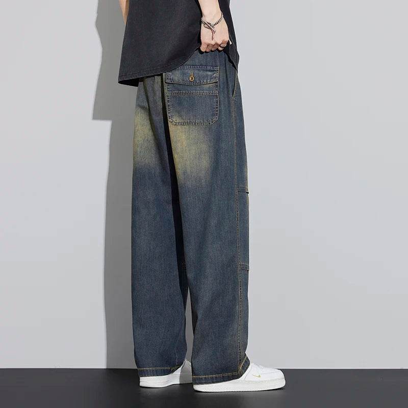 Japanese Style Textured Grid Men's Jeans Plus Size Loose | SAMAG