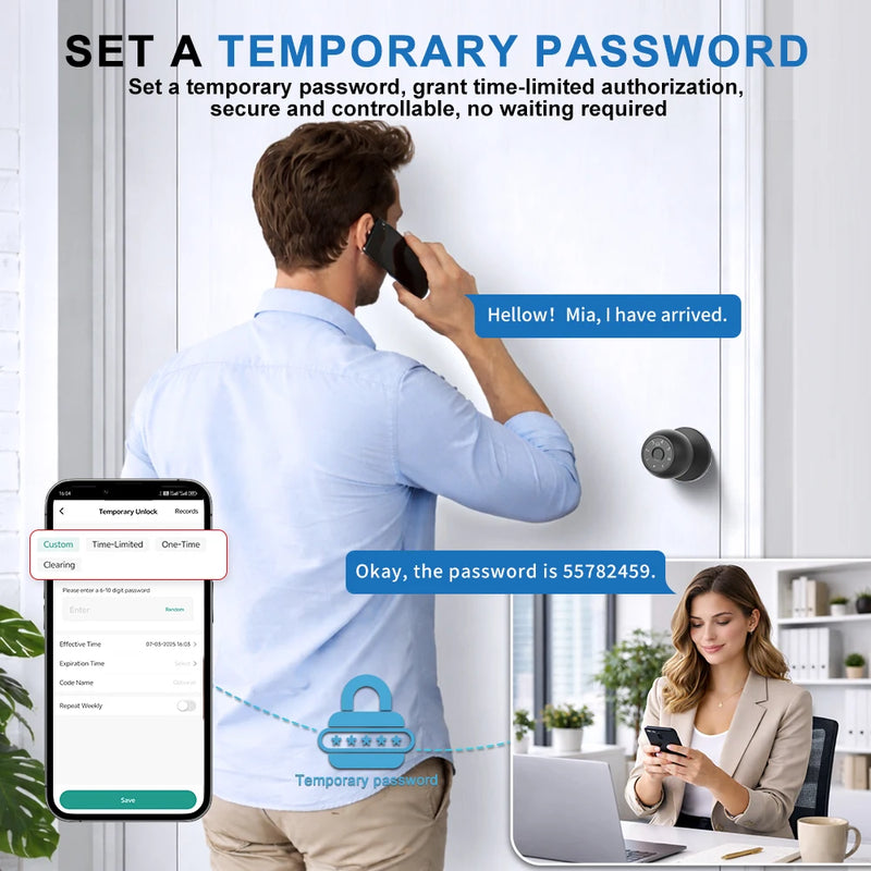 YFK Tuya Smart Door Knob 6 Ways Unlock Fingerprint Password NFC Card Physical Key Anti-peep Lock for Bedroom Office Rental House