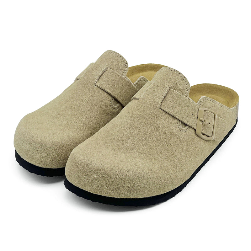 Retro Suede Leather Mule Clogs Arch Support Cork Latex Footbed Adjustable Buckle Non-Slip Indoor Outdoor Walking for Women & Men