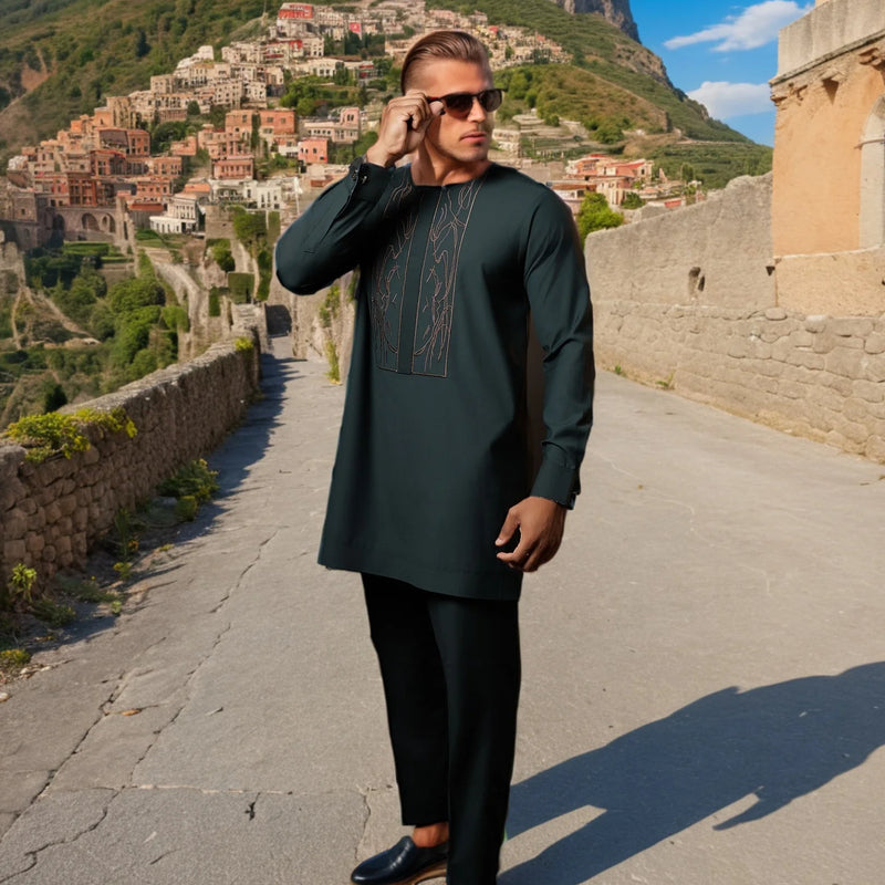 White Kaunda Suit Tuxedo Outfits Summer Short Sleeve Tops Pants with Pockets African Ethnic Casual Clothing Men Tuxedo 2PCS Suit