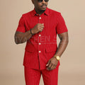 Navy Blue Striped Men Suits Chic Stand Collar Short Sleeves Wear Single Breasted Office Business Casual Male Suit 2 Piece
