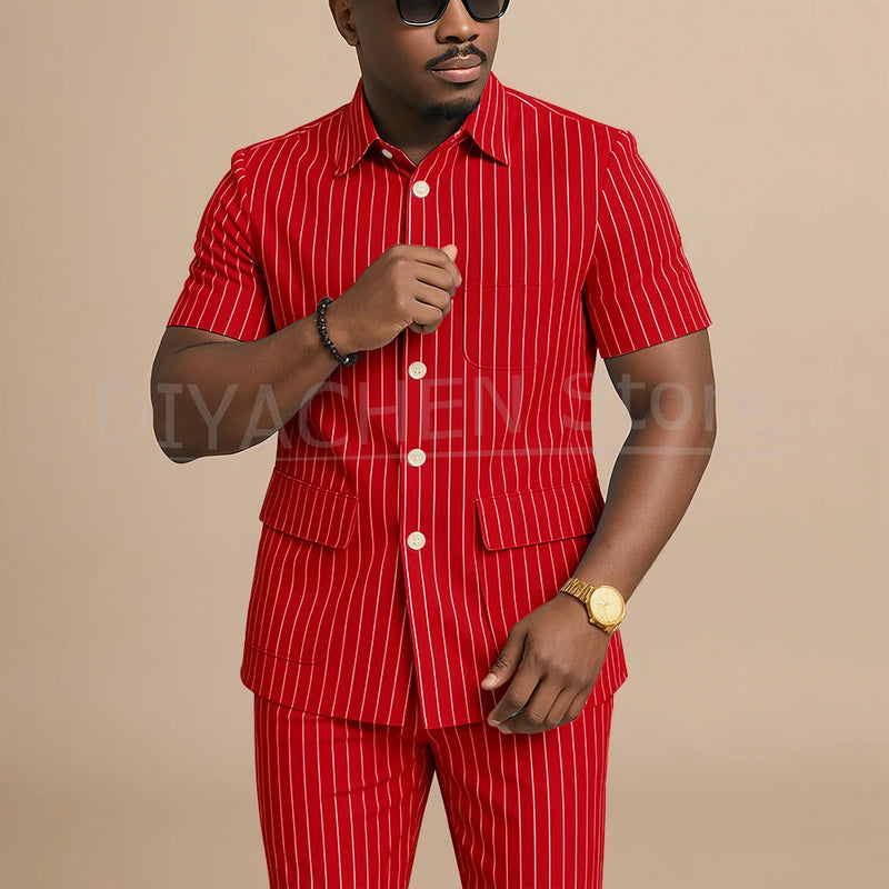 Navy Blue Striped Men Suits Chic Stand Collar Short Sleeves Wear Single Breasted Office Business Casual Male Suit 2 Piece