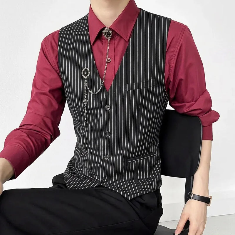 Classic Striped Suit Vest for Men V-neck Bar KTV Bartender Vest Slim Fit Casual Business Wedding Groom Social Uniform Waistcoat