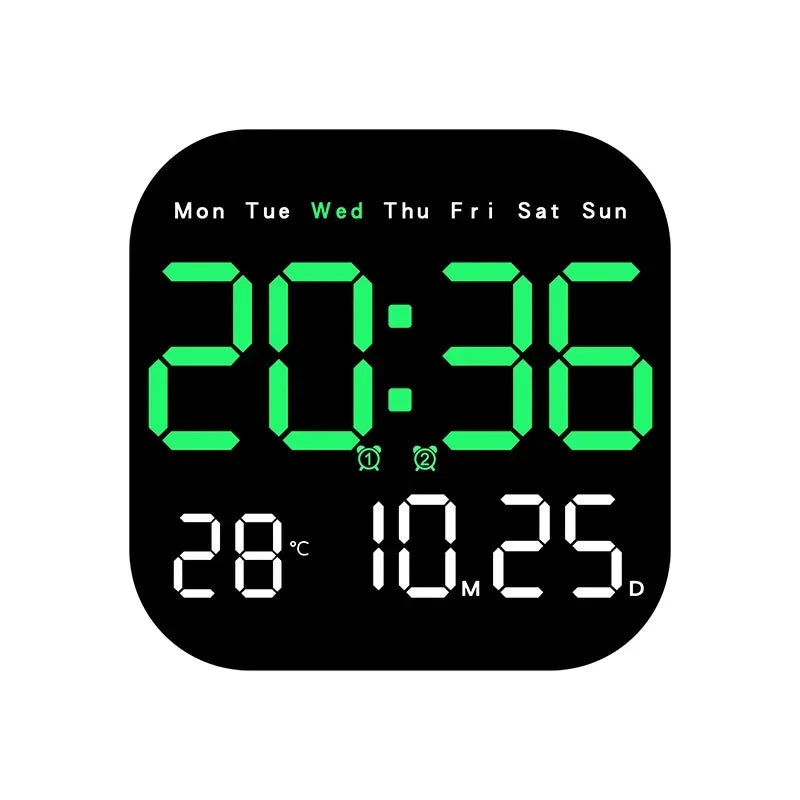 Digital Wall Clock with Remote Control, LED Alarm Clock, Temperature, Date, Week Display, Electronic Table Clock, 12 H, 24H