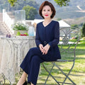 Women Spring Summer Two Piece Suit Middle Aged Mom V Neck Long Sleeve Top Slim Flared Pants Elegant Casual Outfit