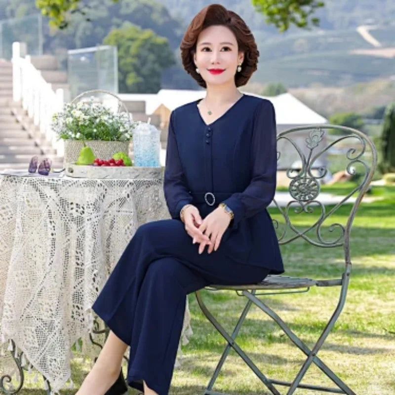Women Spring Summer Two Piece Suit Middle Aged Mom V Neck Long Sleeve Top Slim Flared Pants Elegant Casual Outfit