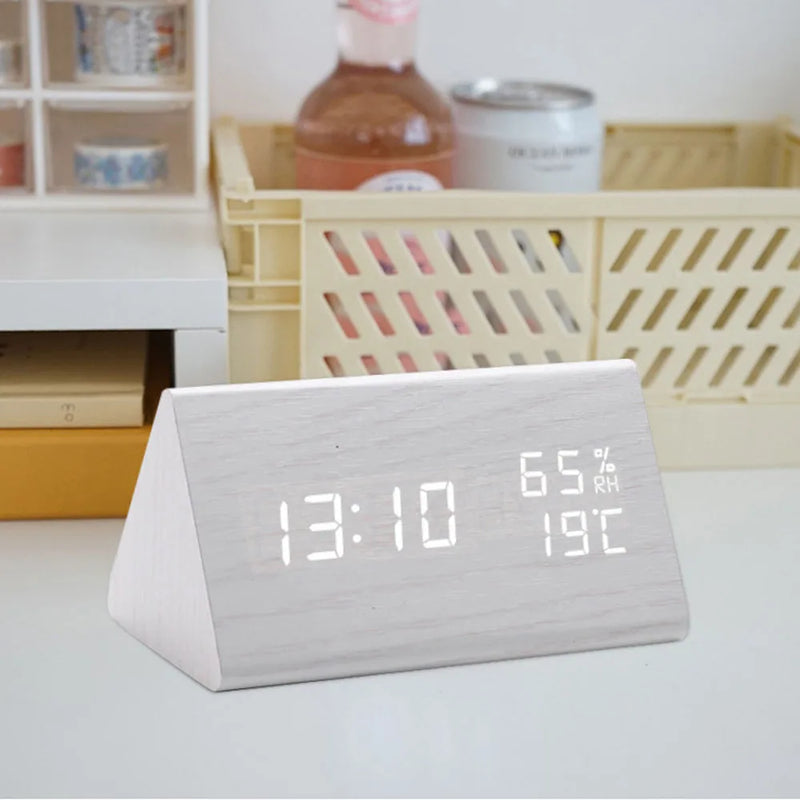 Digital Alarm Clock Desktop Wood LED Clocks Sound Control Electronic Display Thermometer Home Decor Gift Wood Clocks