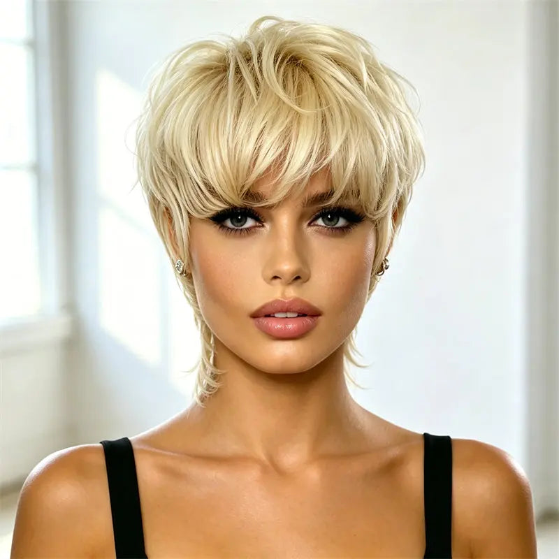 Pixie Cut Human Hair Wig Blonde Mullet Wig Swallowtail Full Machine Made Fashion Breathable For Women Family Party Daily Use