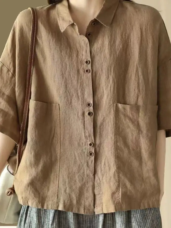 Retro Cotton Linen ort Sve Women's irt Summer New Loose Casual  Collar Top Faion Korean Sle Thin Material